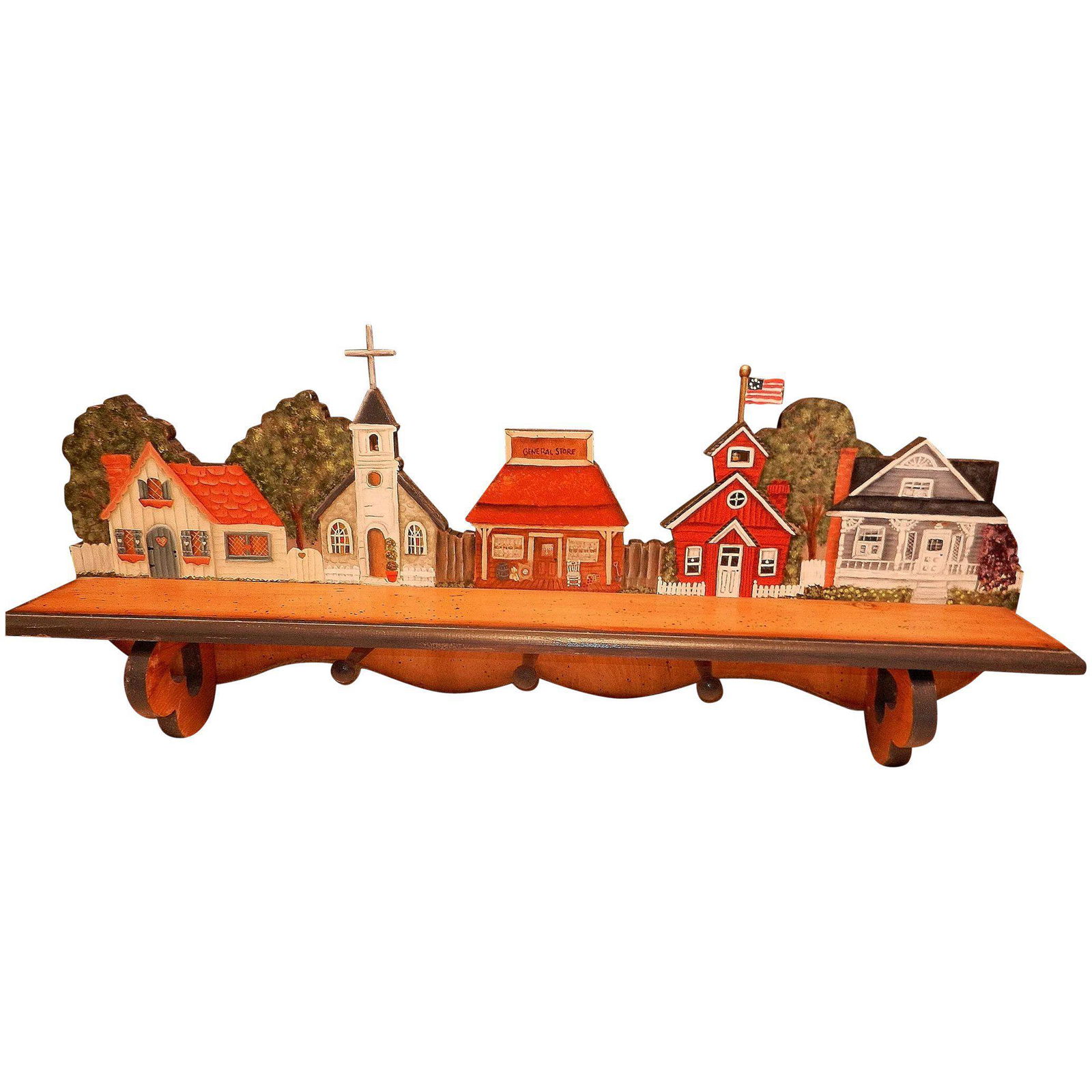 Vintage Folk Art Town Scene Hat Rack with Shelf (1 of 9)