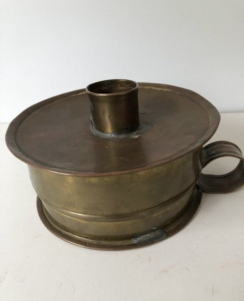 Brass Tinder Box: Title: Brass Tinder Box Date: 19th century. Provenance/Additional Info: Includes damper, tinder, flint and striker. Common in tin, not so much in brass. Shipping: Domestic: Flat-rate of $25.00 to anyw