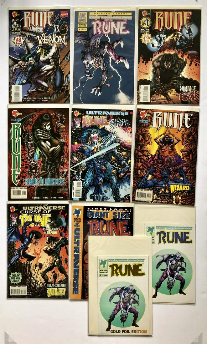 The Rune Collection: RUNE VS. VENOM #1. ORIGINS MONTH ULTRAVERSE RUNE #1. RUNE #1 RAMPAGE OF BLOOD. RUNE HEARTS OF DARKNESS #1 1996. ULTRAVERSE RUNE THE SILVER SURFER #1. RUNE #3 1996. ULTRAVERSE CURSE OF RUNE VS. THE VEN