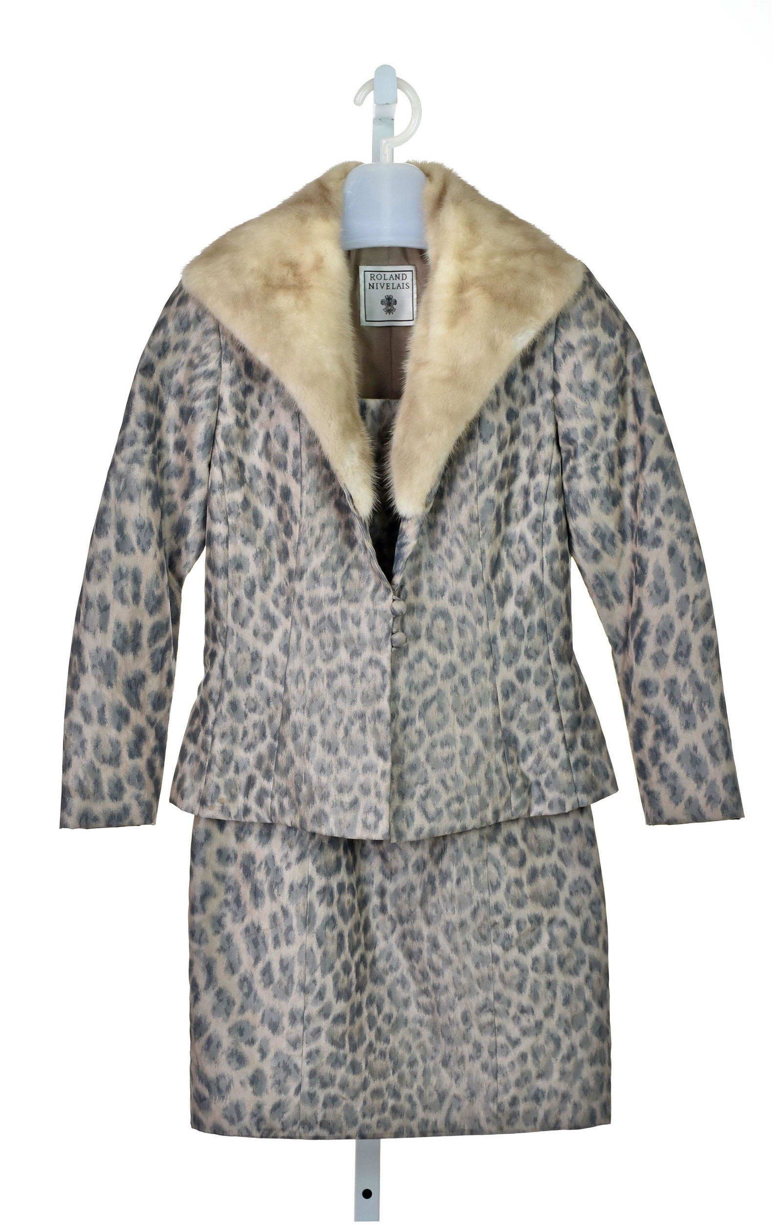 ROLAND NIVELAIS Vintage Taffeta Dress Suit with Mink: Two-piece silk cocktail ensemble from Roland Nivelais features a jacket with a removable, blonde mink collar. Sheath dress has spaghetti straps, flexible boning in the bodice, and it zips up the back.