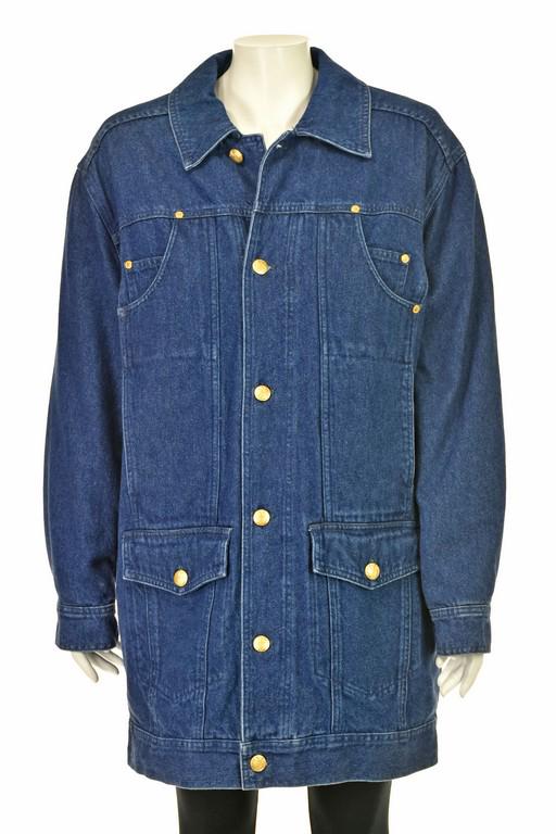 ESCADA SPORT Blue Denim Coat with Quilted Liner: Denim coat from Escada Sport features a quilted, removable plaid lining (visible in photo of label). Jacket has plenty of pockets, gold Escada logo buttons, and can be worn in cool to cold weather wit