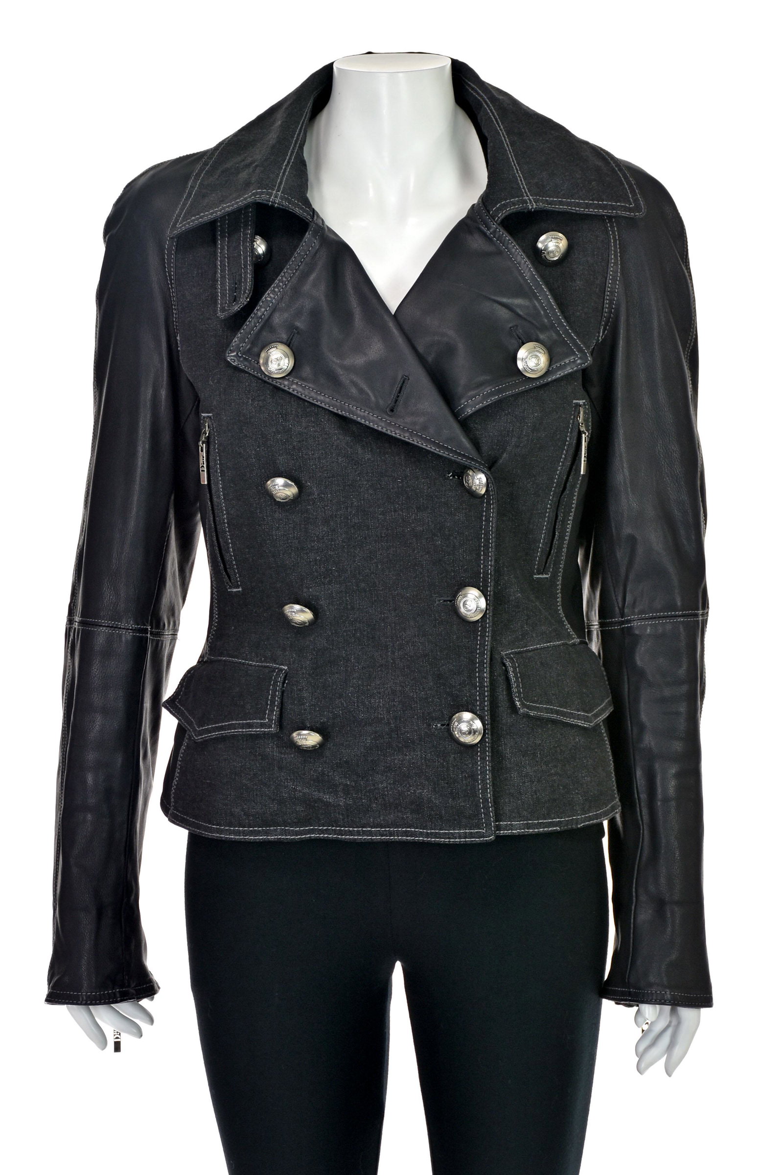 CHRISTIAN DIOR by JOHN GALLIANO Women's Black Leather &: This women's motorcycle jacket from Christian Dior's Boutique label was designed during the John Galliano era at Dior (1996-2011). The jacket is comprised of a black denim body and black lambskin slee