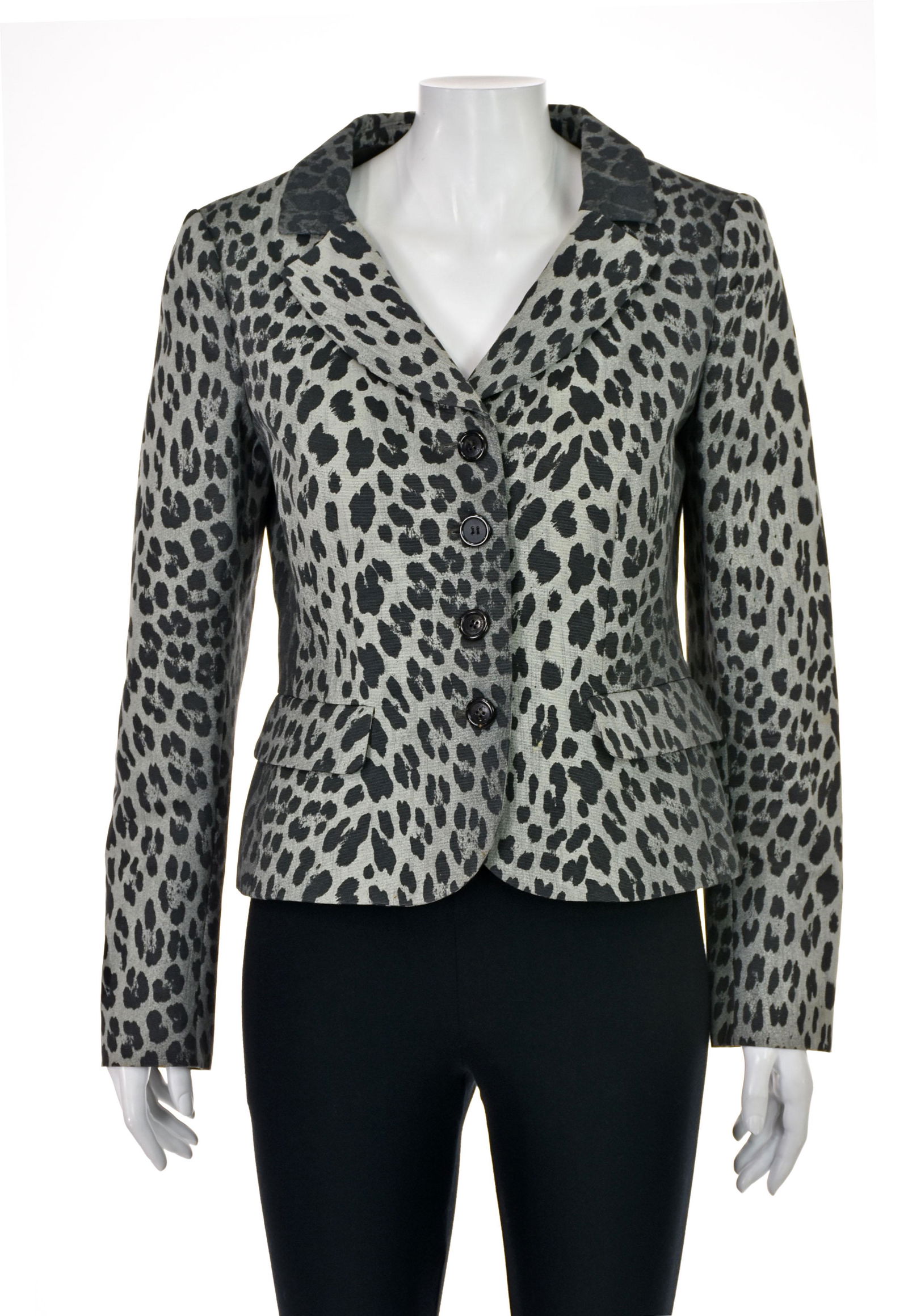 MOSCHINO CHEAP & CHIC Blazer: Jacket from Moschino Cheap & Chic (now called "Boutique Moschino") is a classic blazer with a couple of designer twists: leopard print faille fabric and a bow at the waistline on the back to highlight