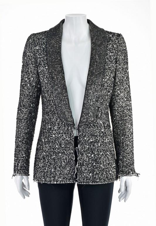 AKA NEW YORK Boucle Jacket with Sequin Lapels: Black and white boucle jacket from AKA New York features gunmetal sequins covering the collar and lapels. Fabric has the unfinished, shaggy edges that is street wear trendy. Fully lined. Labeled US si