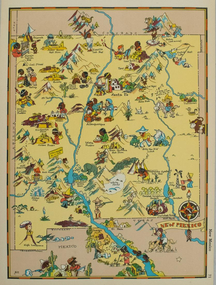 1938 R Taylor White Pictorial Map of New Mexico -- New: Title/Content of Map: 1938 R Taylor White Pictorial Map of New Mexico -- New Mexico Cartographer: Ruth Taylor White Year/Place: 1938, Boston Size: 11.6 x 8.5 in. This is Ruth Taylor White's charming p