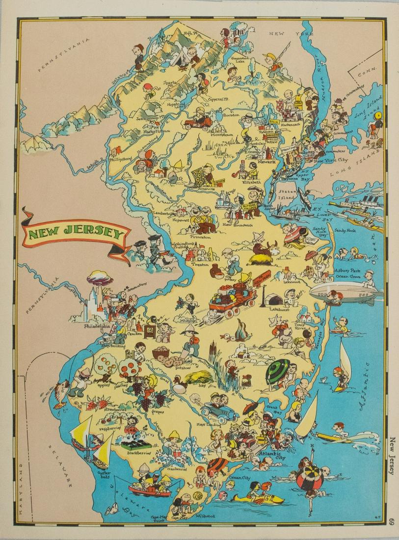 1938 R Taylor White Pictorial Map of New Jersey -- New: Title/Content of Map: 1938 R Taylor White Pictorial Map of New Jersey -- New Jersey Cartographer: Ruth Taylor White Year/Place: 1938, Boston Size: 11.6 x 8.5 in. This is Ruth Taylor White's charming p