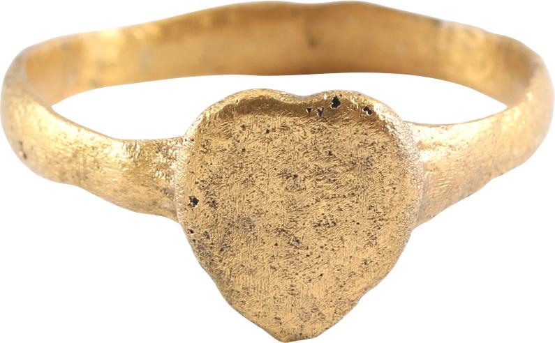 FINE VIKING HEART RING C.900-1050 AD JEWELRY, SIZE 10 ½: Size 10 ½. Broad, 3.0mm rounded face band with early form heart bezel. The cusped top form was used toward the end of the Viking era and the rounded top earlier, with regional exceptions. This exampl