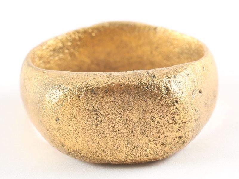 FINE VIKING WARRIOR’S RING, 9th-10th CENTURY AD SZ 8 ½: Gold over bronze, size 8 ½-8 3/4 with a broad rounded band and raised oval bezel. Surface textured from burial. Professionally refurbished with the gold overlay restored, for contemporary wear.