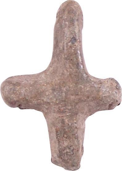 ENGLISH MORTUARY CROSS, 14th CENTURY: Lead, just over 1” height, including the loop, now encrusted, which originally attached it to the deceased. Hastily made for burial with plague victims of the first great plague of 1348-49. Known va