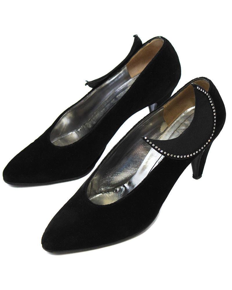 Roger Vivier Black Velvet Pumps with Moon Applique: Beautiful 1980's Roger Vivier black velvet pumps with moon shaped appliques on the outside ankle. The almond toe shaped pumps have a tapered heel and the crescent moon applique is trimmed in small rhi