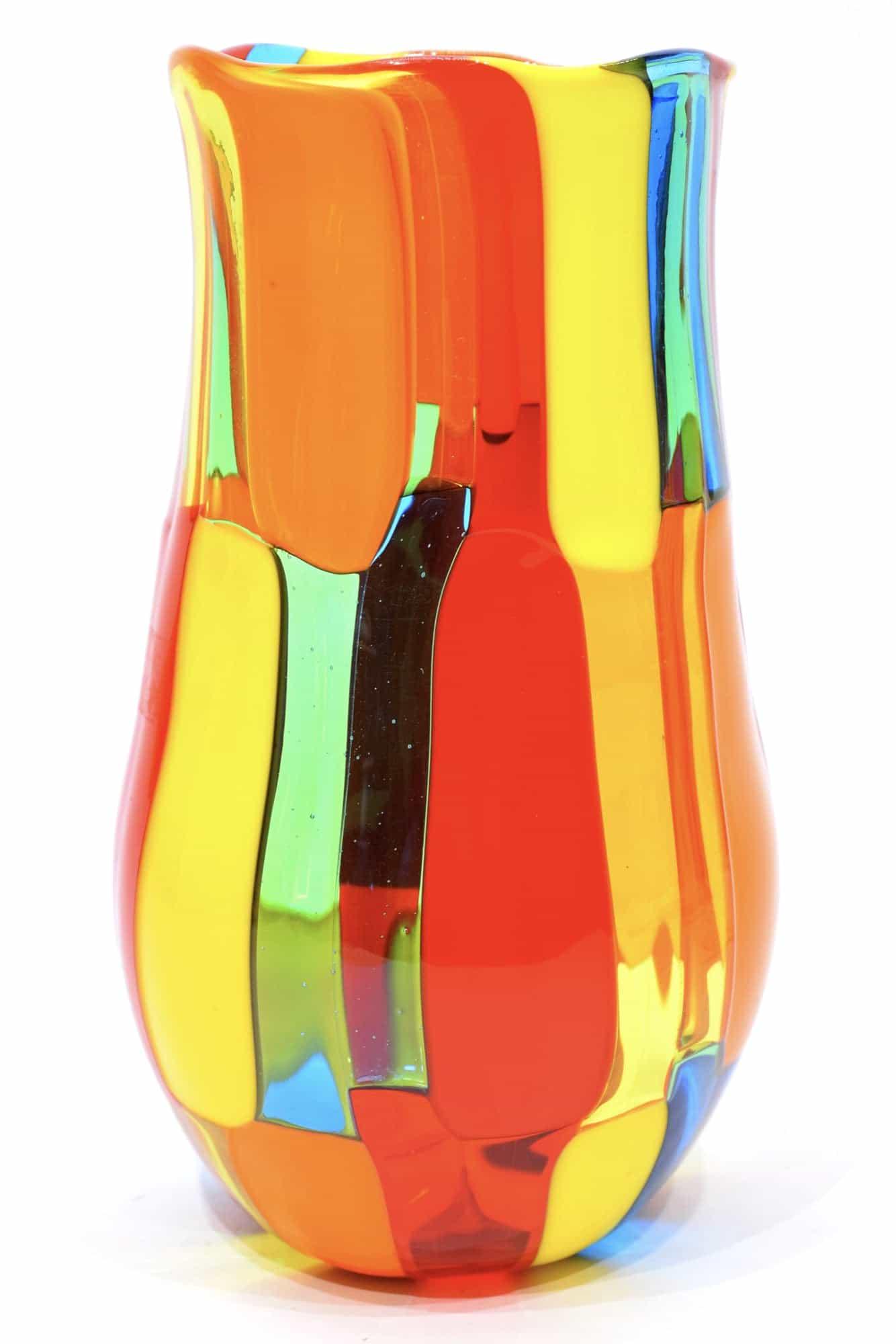 Murano glass vase pezzato signed: Title: Murano glass vase pezzato signed Maker: Angelo Ballarin Origin: Murano Date/Period: 2018 Materials: glass Dimensions: 18,5 x 10,5 cm 300 grams Description: Glass vase pezzato, made by glass mas