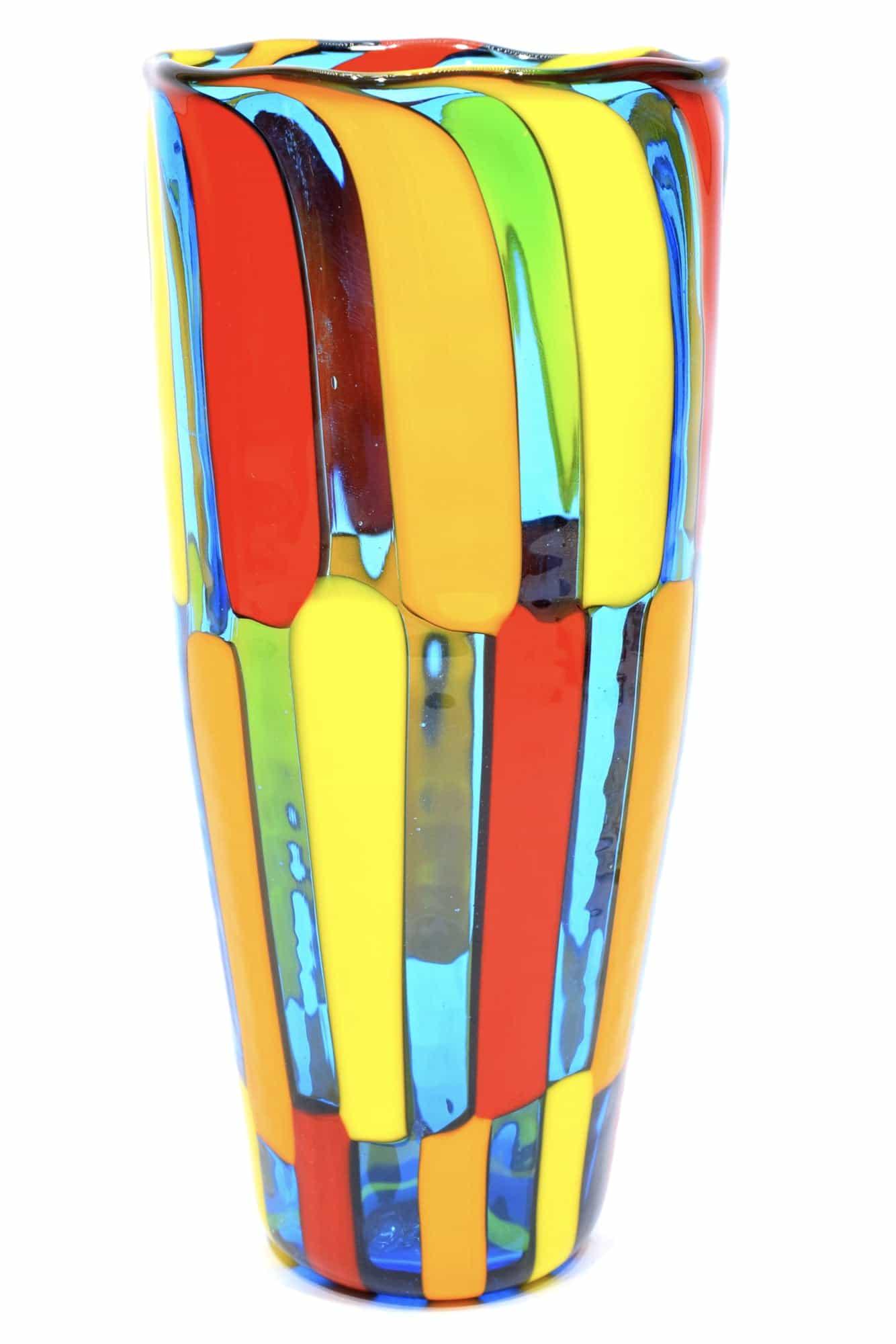 Murano glass vase pezzato signed: Title: Murano glass vase pezzato signed Maker: Angelo Ballarin Origin: Murano Date/Period: 2018 Materials: glass Dimensions: 20 x 9 cm 300 grams Description: Glass vase pezzato, made by glass master B