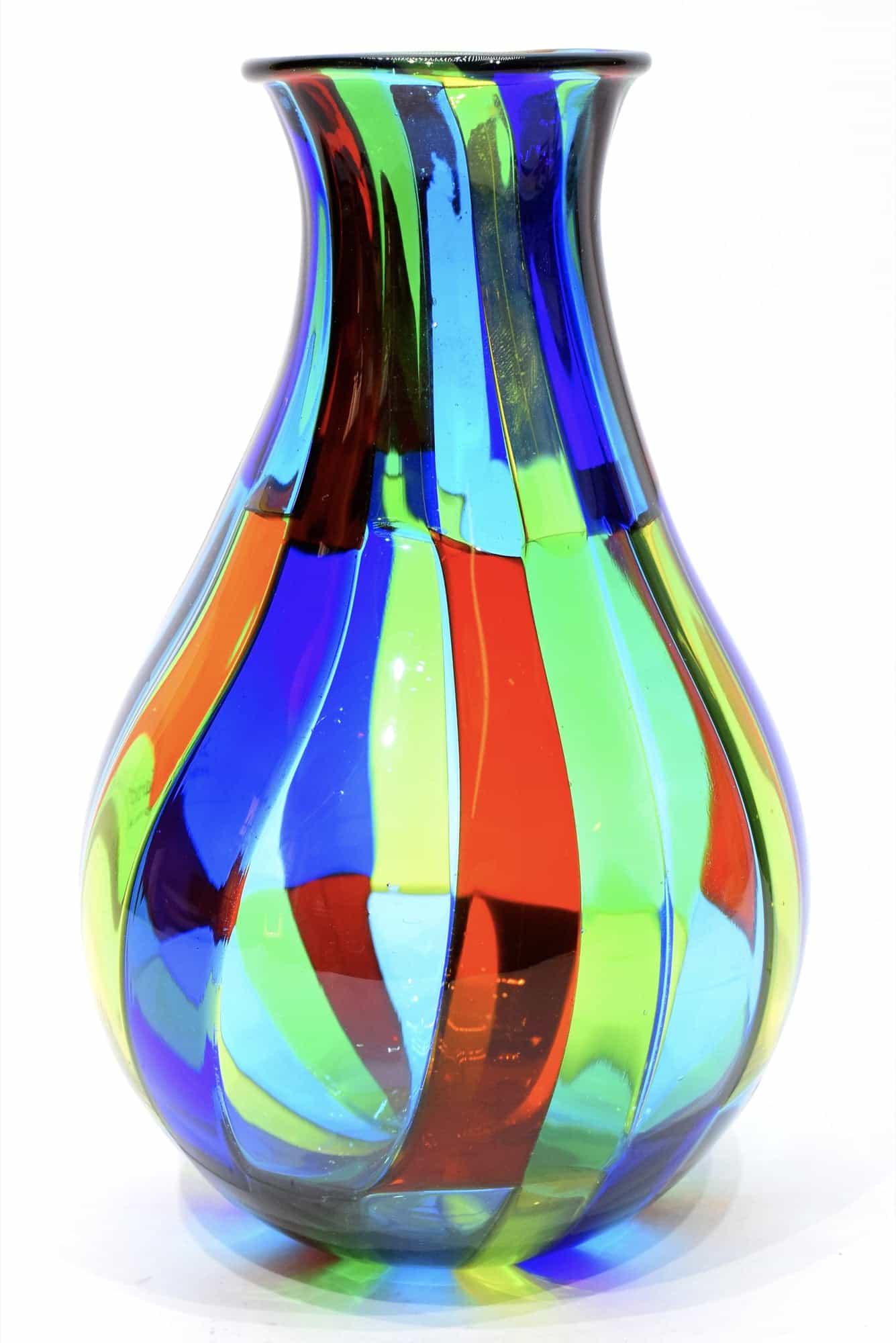 Murano glass vase pezzato signed: Title: Murano glass vase pezzato signed Maker: Angelo Ballarin Origin: Murano Date/Period: 2018 Materials: glass Dimensions: 18 x 11,5 cm 300 grams Description: Glass vase pezzato, made by glass maste