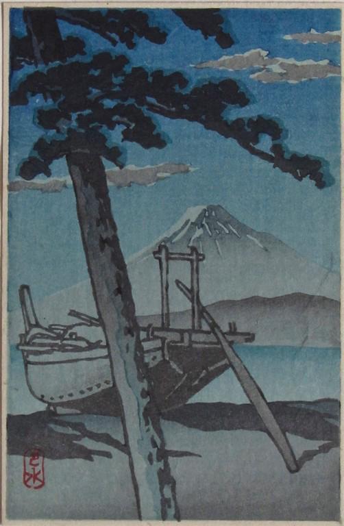 Hasui: Mt. Fuji in Twighlight: Artist: Kawase HASUI (1883-1957) Subject: Mt. Fuji in Twilight Publisher: Watanabe Seal: Hasui Date: 1930s Format: koban, 9.5 x 14.5 cm Condition: Fine impression, color and condition Reserve: $90.00 
