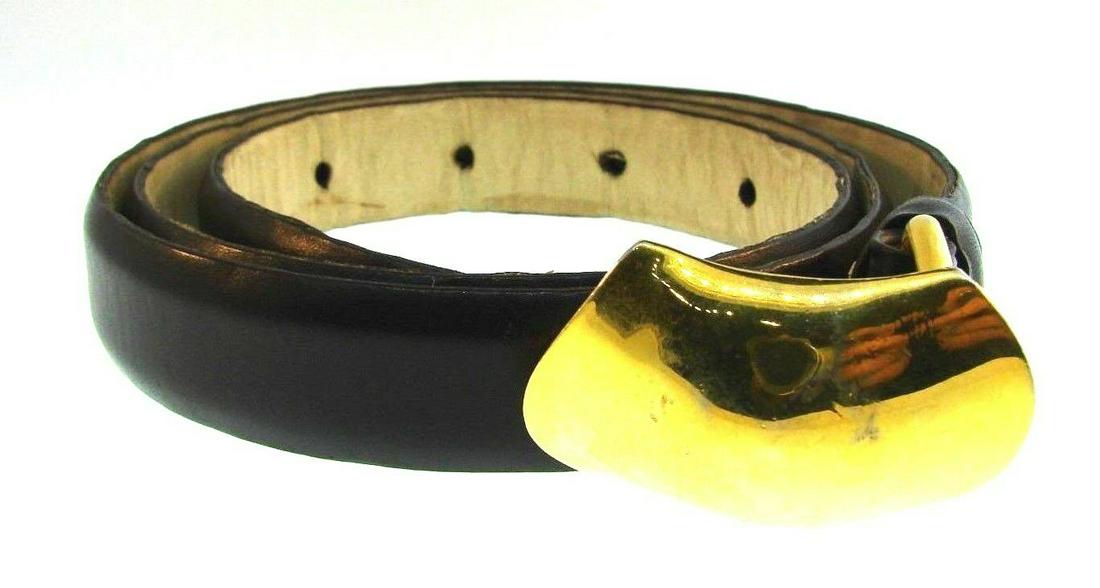 COOL Robert Lee Morris Gold Plated & Brown Calfskin: DK Robert Lee Morris Gold Plated & Brown Calfskin Belt · This is a must for a collector! The length without buckle is 34.5 inches. The width of belt is3/4 of an inch. The length of buckle is 1 ¾ inc
