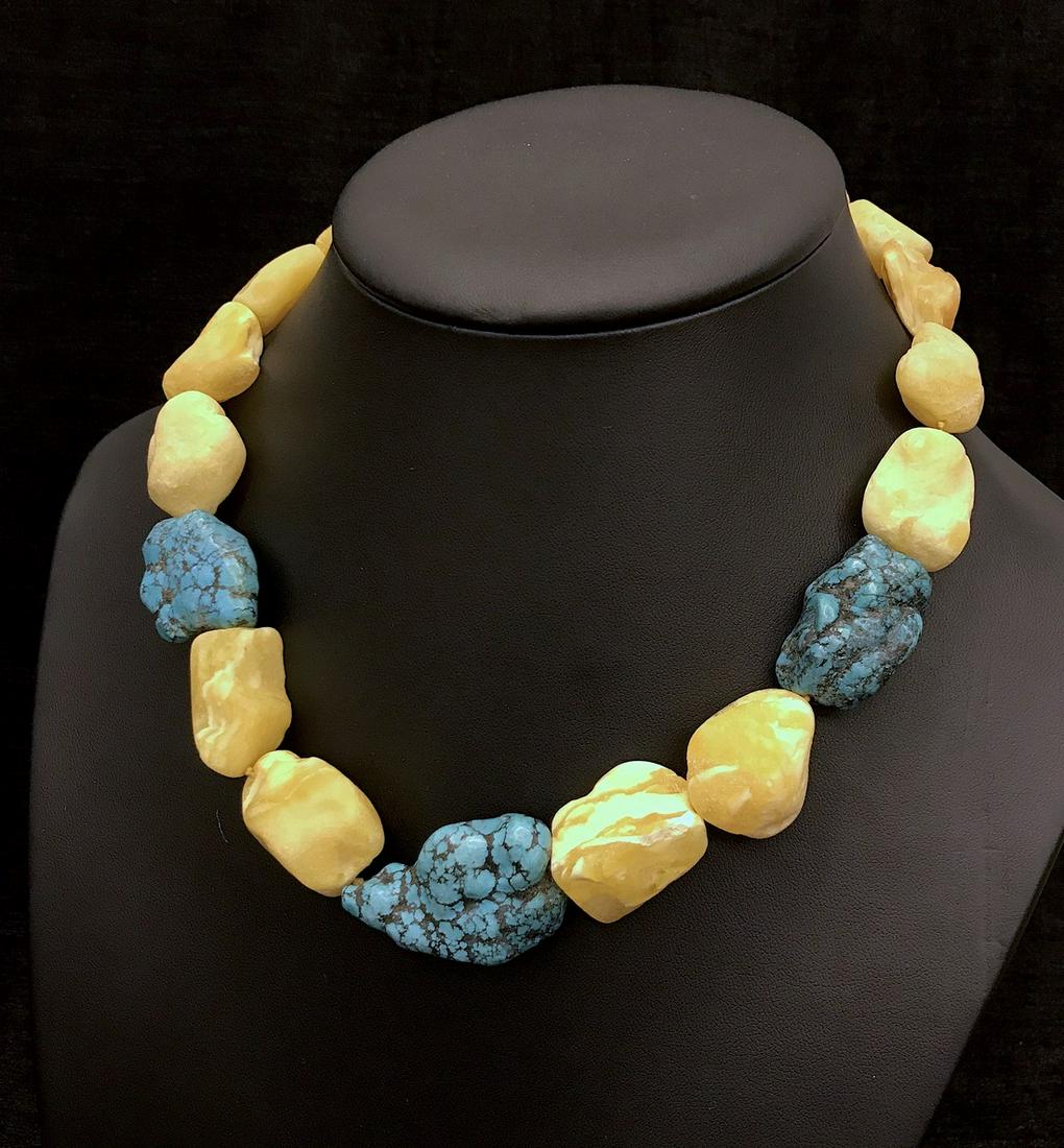 Certif. Vintage Baltic amber, turquoise necklace (1 of 10)