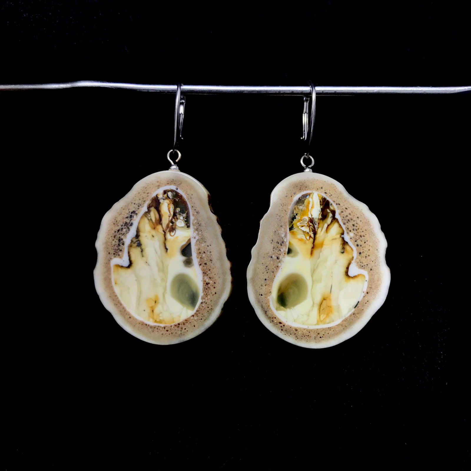 Earrings silver unique deer horn Baltic amber inlay (1 of 7)