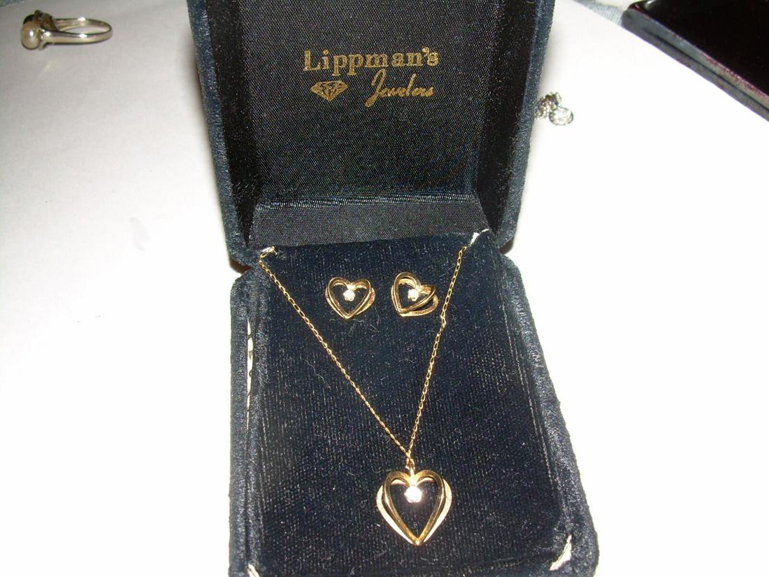 14kt Diamond Pendant/Earrin; g Set, Lippmans - Double: Vintage marked 14kt gold heart with diamond necklace and matching earrings. (Earrings also marked 14kt).The chain is 18" long and is marked 14kt. as well as JCF. The heart is a double giving it a 3D e
