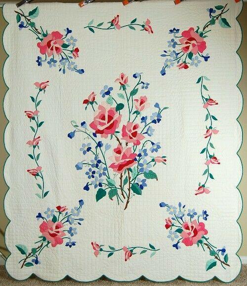 30's Rose & Blue Flowers Applique Antique Quilt (1 of 9)