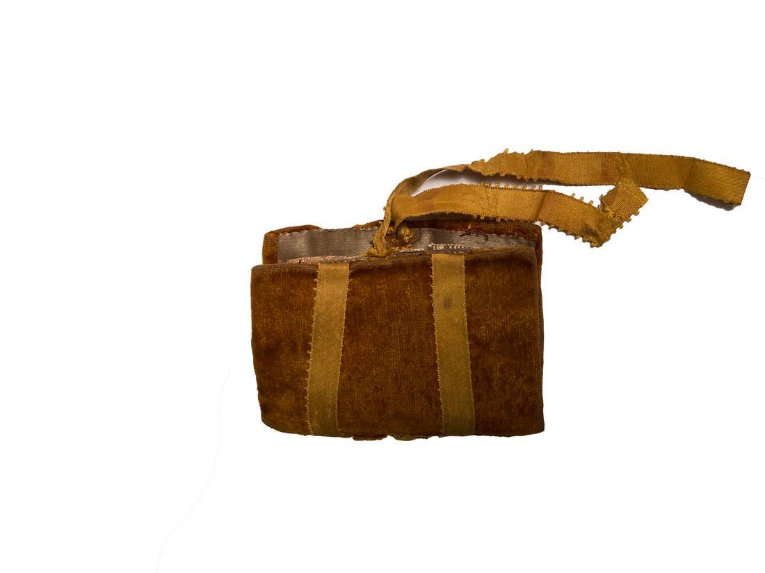 Pin Case: Title: Pin Case Dimension: 3” x 6” unrolled Provenance/Additional Info: A roll up pin case with wool pages and velvet and a satin ribbon on the outside. C. 1880 Shipping: Domestic: Flat-rate of $1