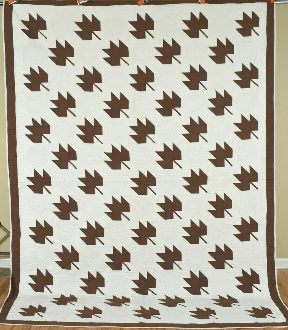Large Vintage 40's Brown Maple Leaf Antique Quilt (1 of 8)