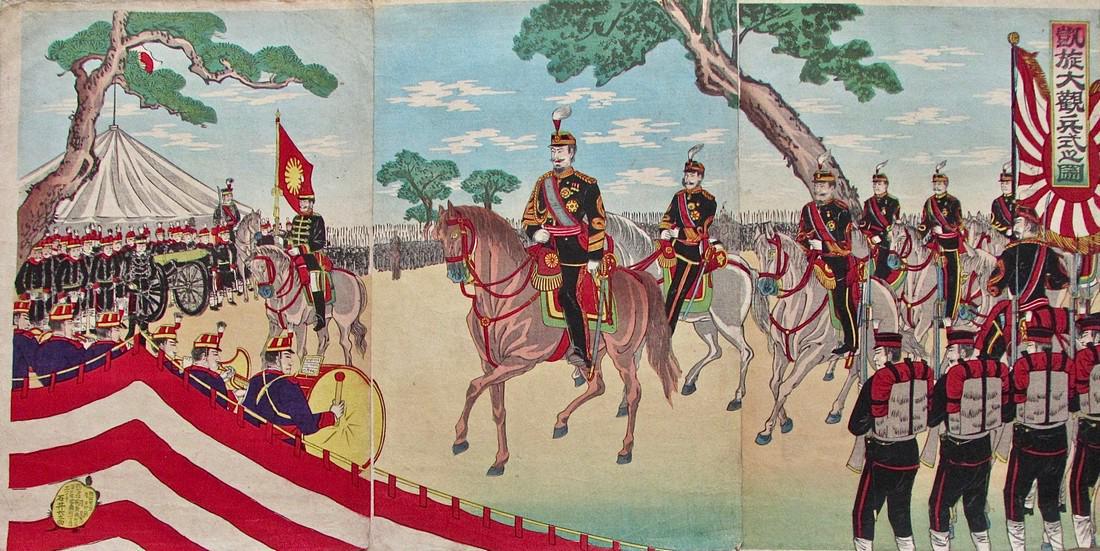 Meiji artist: Military exercises: Artist: Unsigned Subject: Military exercises, Sino-Japanese War Signature: None Date: 1895 Format: ôban triptych, 75 x 37 cm Condition: Very good impression and color, wear and handling wrinkles. Res
