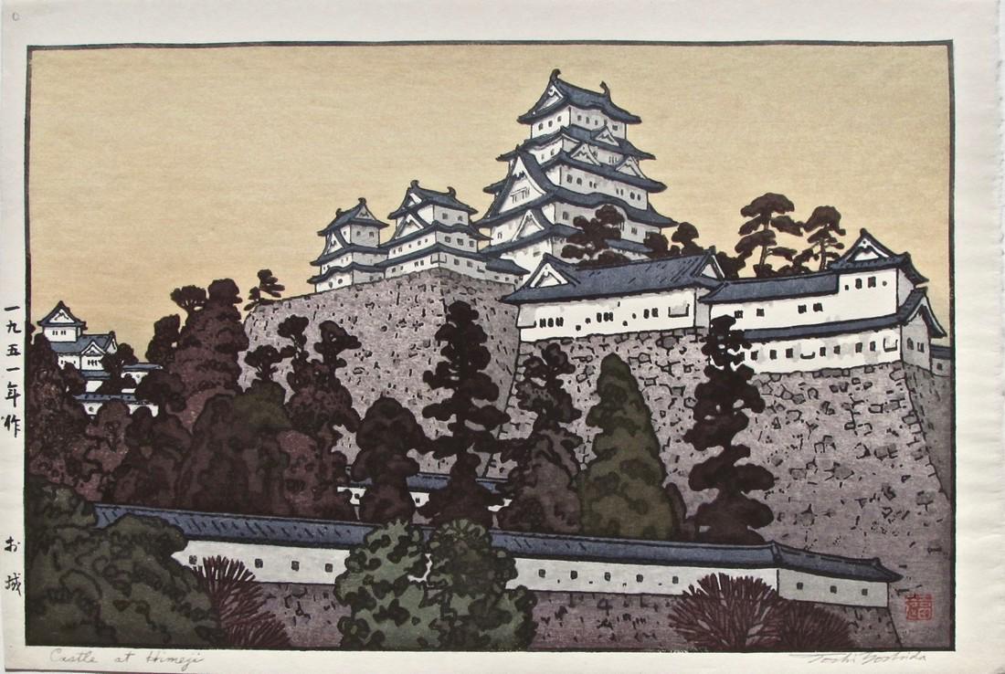 Toshi Yoshida: Himeiji Castle: Artist: Toshi YOSHIDA (1911-1995) Subject: Himeiji Castle Publisher: Self Signature: Toshi Yoshida in pencil Date: 1951 Format: ôban yoko-e, 40.3 x 27.3 cm Condition: Fine impression, color and condi