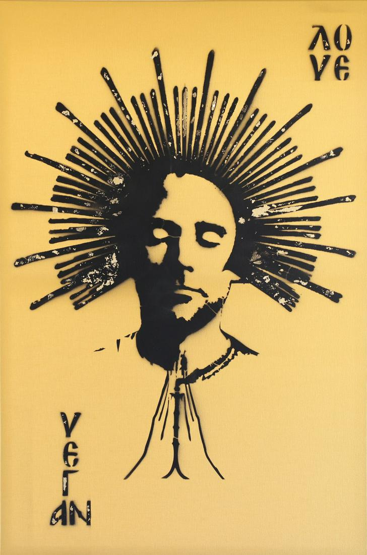 Vegan Love ft. Moby - Le Fou: Title: Vegan Love ft. Moby Artist: Le Fou Medium: Metallic Canvas with Golden Halo Dimension: 24 x 36 in Reserve: $800.00 Shipping: Domestic: Flat-rate of $200.00 to anywhere within the contiguous U.S