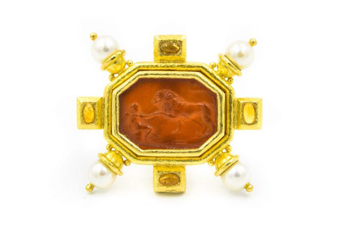 Elizabeth Locke Contemporary Yellow Gold and Venetian: Elizabeth Locke Contemporary Yellow Gold and Venetian Glass Intaglio Pendant/Brooch; 18k yellow gold; 20.4dwt/51.72g; 1 center Venetian glass 23.1 x 16.8 x 3.7mm; 4 pearls = 7.2mm; 1 3/4" x 1 1/2" Res