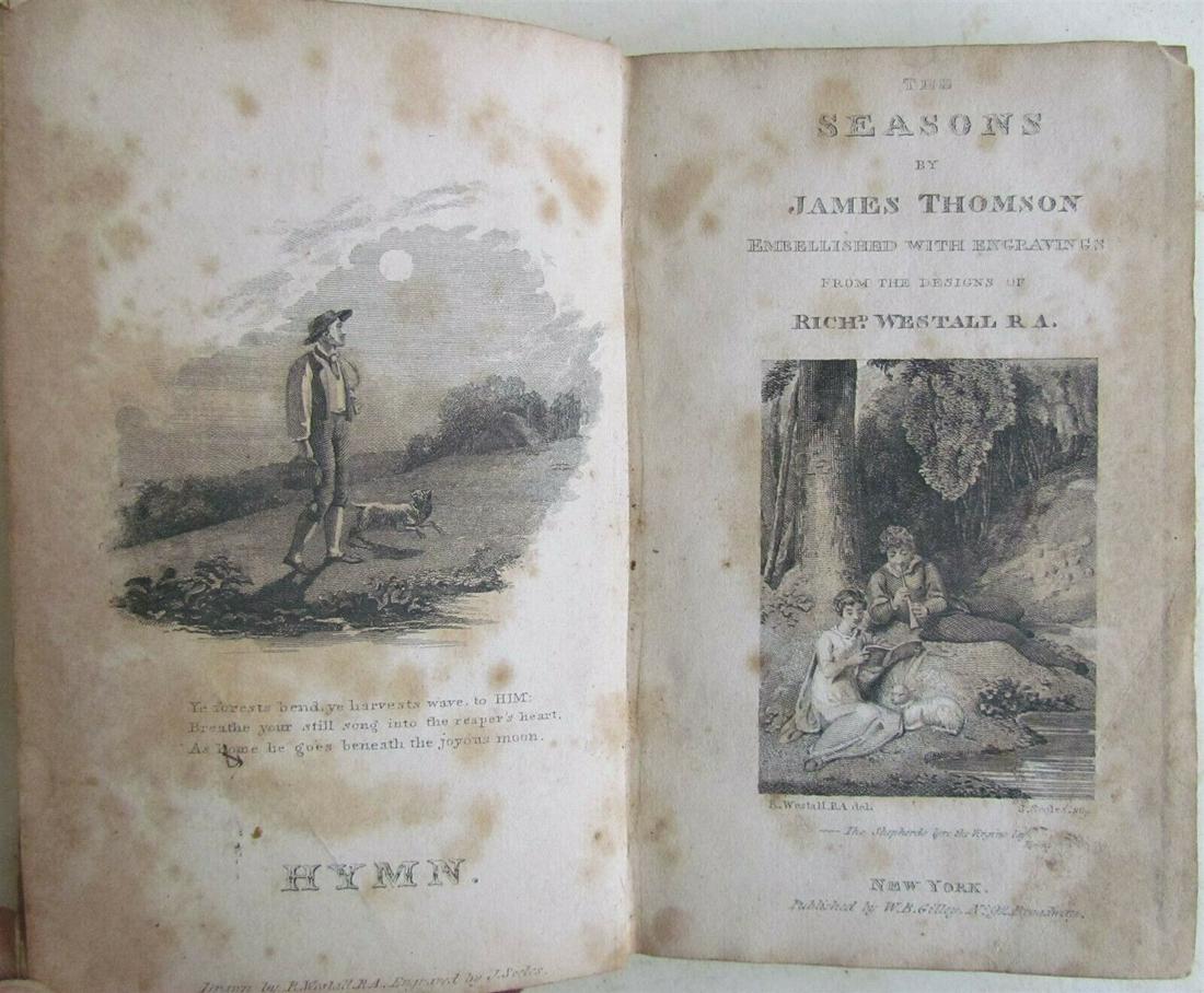 1818 THE SEASONS by JAMES THOMSON Americana Harrisburg: Size 3 1/4 by 5 1/3" Fully bound in brown leather , worn, front cover is detached. Some foxing. Reserve: $25.00 Shipping: Domestic: Flat-rate of $14.00 to anywhere within the contiguous U.S. Internati