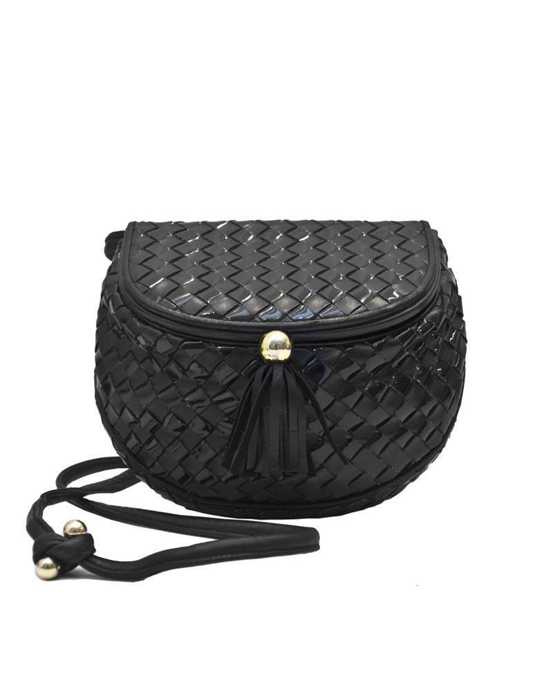 Anonymous Bottega Veneta Style Black Leather & Patent: Vintage Bottega Veneta style bag in mixed patent and leather with tassel clasp and cross body strap. In excellent vintage condition. Adjustable shoulder strap. Length 8" | Width 3" | Height 6" | Strap