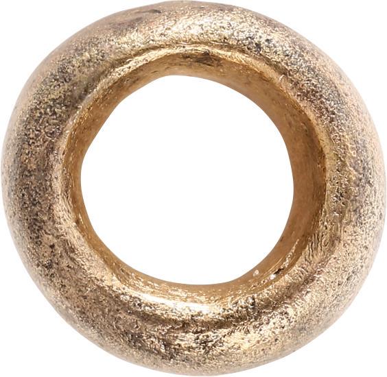 ANCIENT VIKING GILT BRONZE BEAD, 866-1067 AD: Danelaw England. Well over ½” diameter. Cast, of barrel form, originally gilt with the gold now restored. Beads were valued more than gold to Vikings and the produced them as well as pillaged and r