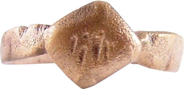 MEDIEVAL WOMAN’S FASHION RING SIZE 5 ¼ JEWELRY: C.1200-1400 AD. Size 5 1/4 for the small finger as was the fashion. Rounded band 2.6mm width flaring to the notched shoulders. Raised diamond-shaped bezel. This ring, by its quality, would have distin