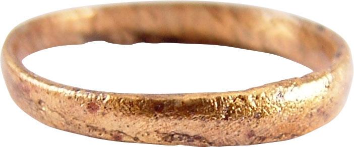 VIKING WEDDING RING, LATE 9TH-EARLY 11TH CENTURY: Late 9th-early 11th century AD. Gilt bronze, size 2 1/4 for the small finger as was the custom. Narrowband with a flat face. Professionally refurbished with the 24karat gold overlay restored. Gift box
