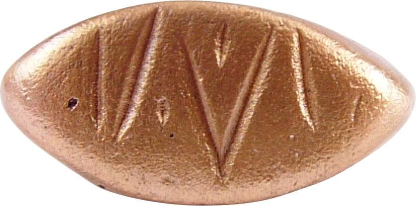 MEDIEVAL EUROPEAN MAN’S RING, SIZE 5: 13th-15th century AD. Gilt bronze, size 5 with deeply rounded face band, 2.0mm at the bottom flaring to the shoulders. Oval bezel cut with five lines and three short dashes. These evidently served as 