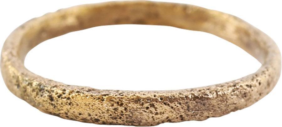 VIKING WOMAN’S WEDDING RING, S4 ¼, 9th- 11th CENTURY AD: Gilt bronze, size 4 ¼ for the small finger as was the custom. 2.0mm width band with low rounded face. Surface textured from burial. Vikings exchanged rings on the pommel of the groomÂ’s swor