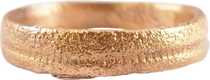 RARE VIKING WARRIOR’S BEARD RING, 9th-11TH CENT AD: Broad flat face ring, about 1/2” diameter. Incised line in the center dividing it into two bands. The use of beard rings by Vikings is well recorded though very few genuine examples survive. Profess