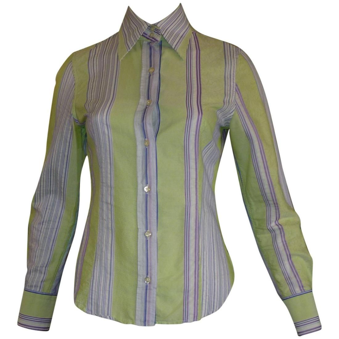 ETRO Textured Cotton Shirt with a Lace Design (40 ITL): A mix of blue, purple, white and blue stripes as well as a green lace effect. This is a beautiful shirt which can be dressed up or down.. Details Brand Etro Place of Origin Italy Period Late 20th Cent