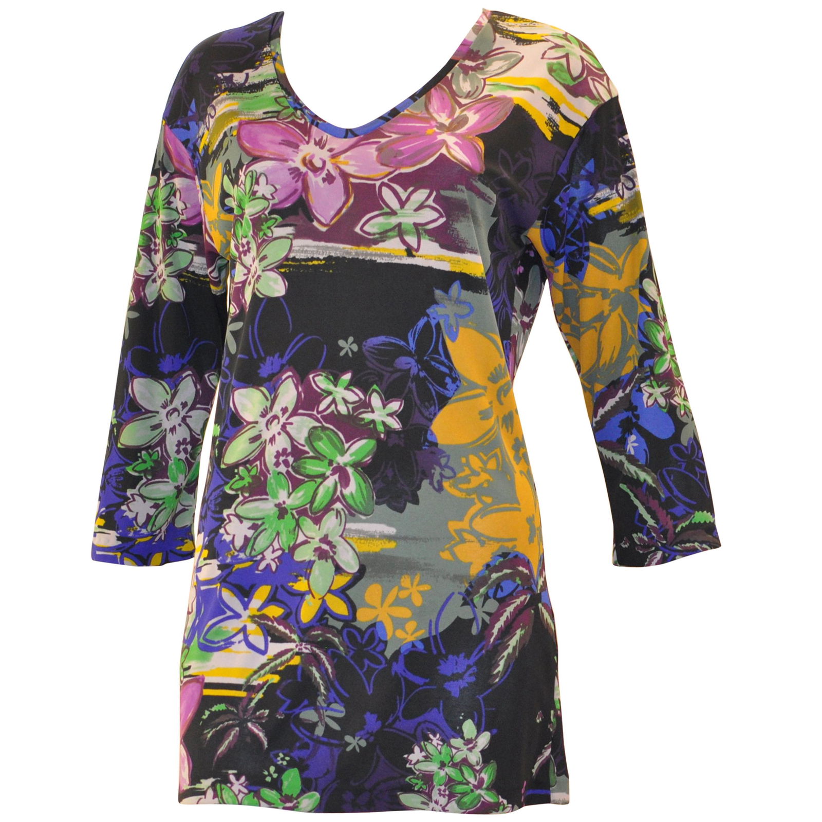 ETRO Milano Floral Tunic 48 (ITL): Lovely multicolored tunic made of polyester and sporting 3/4 sleeves and a v-neck. Colors include blue, purple, yellows, brown, black, white and green.. Details Designer Etro Brand Etro Place of Origi