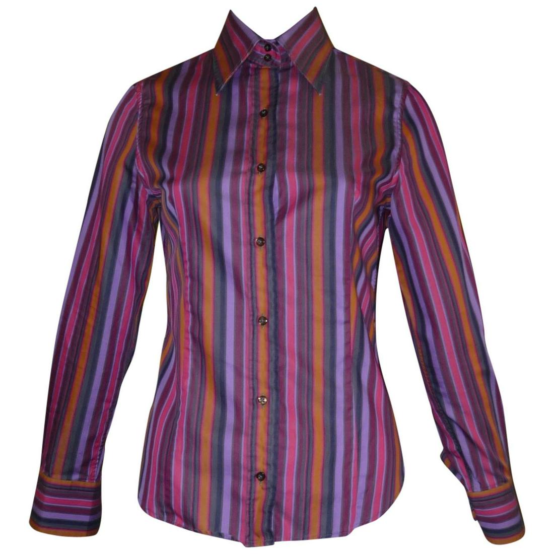 Etro Cotton Striped Shirt (42 ITL): Nicely tailored cotton shirt with multicolored stripes.. Details Brand Etro Place of Origin Italy Period Late 20th Century Condition Excellent See Condition Descriptions Wear Wear consistent with age