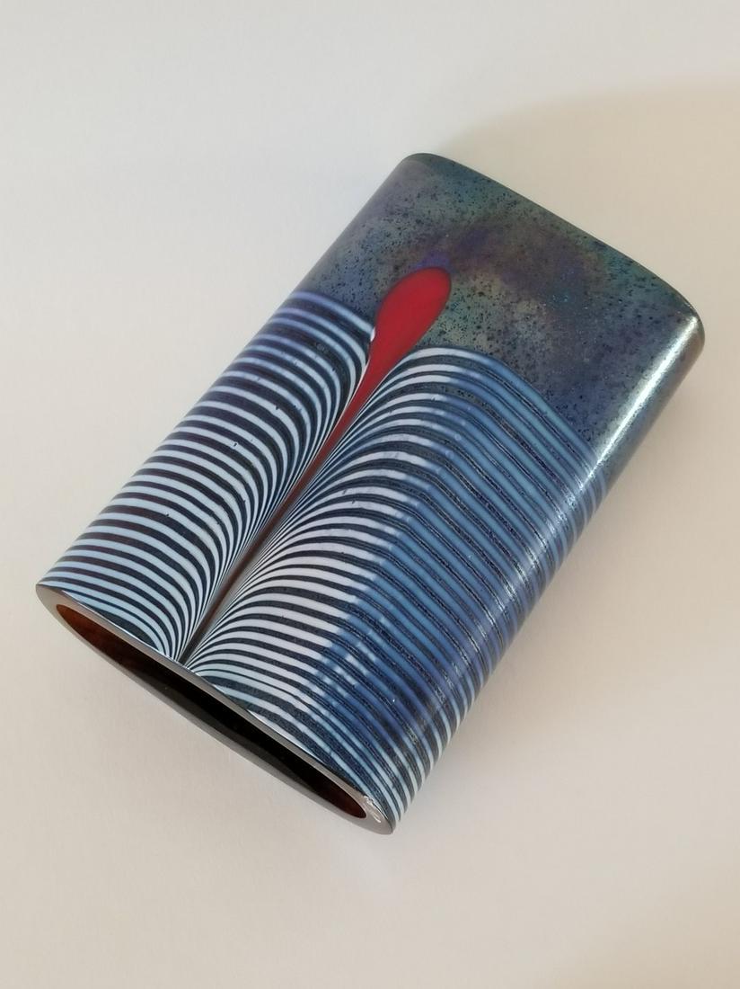 Kosta Boda Art Deco Zebra Vase: Title: Kosta Boda Art Deco Zebra Vase Maker: Bertil Vallien Origin: Sweden Date/Period: 1960s Materials:Handblown glass Size:est 6 x 1 x 3.75 inches Description:Rare and colored combination and design