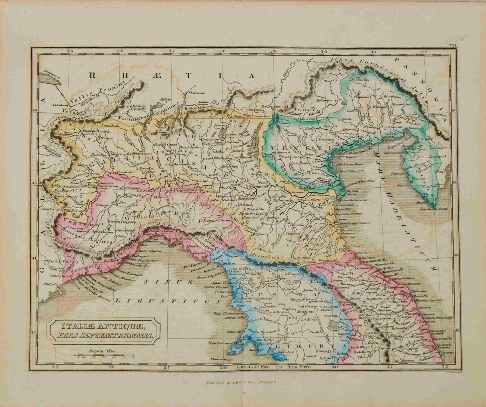 1838 Carey & Lea Map of Northern Italy -- Italiae: Title/Content of Map: 1838 Carey & Lea Map of Northern Italy -- Italiae Antiquae Pars Septemtrionalis. Cartographer: Carey & Lea Year/Place: 1838 c., Philadelphia Size: 6.8 X 9.1 in. Description: This