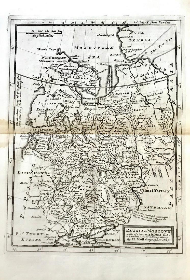 Russia: Title: Russia Date/Period: 1729-1736 Materials: Copperplate engraved. Size: 13 1/2 x 9 “ Description: By. H. Moll. From. Atlas minor. Published. London. Reserve: $60.00 Shipping: Domestic: Free ship