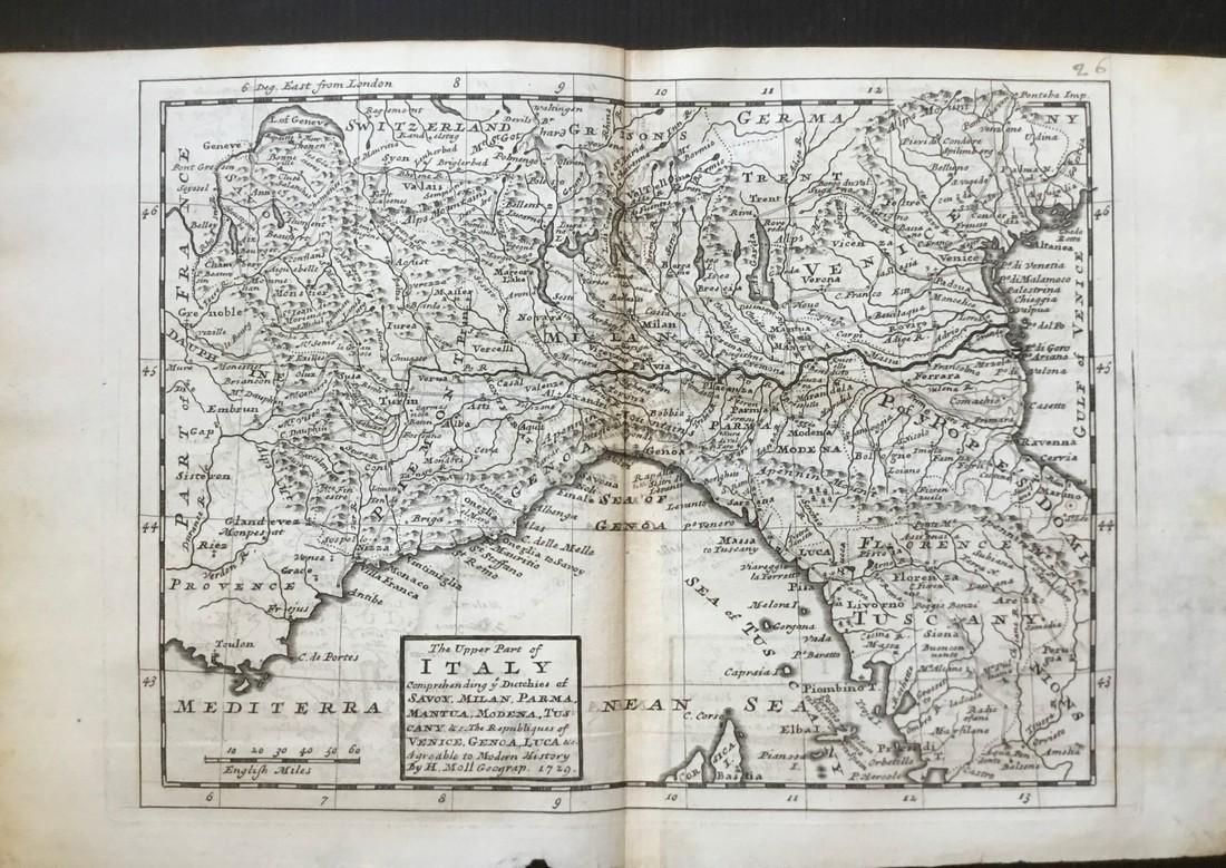 Northern Italy: Title: Northern Italy Date/Period: 1729-1736 Materials: Copperplate engraved. Size: 13 1/2 x 9 “ Description: By. H. Moll. From. Atlas minor. Published. London. Reserve: $35.00 Shipping: Domestic: F