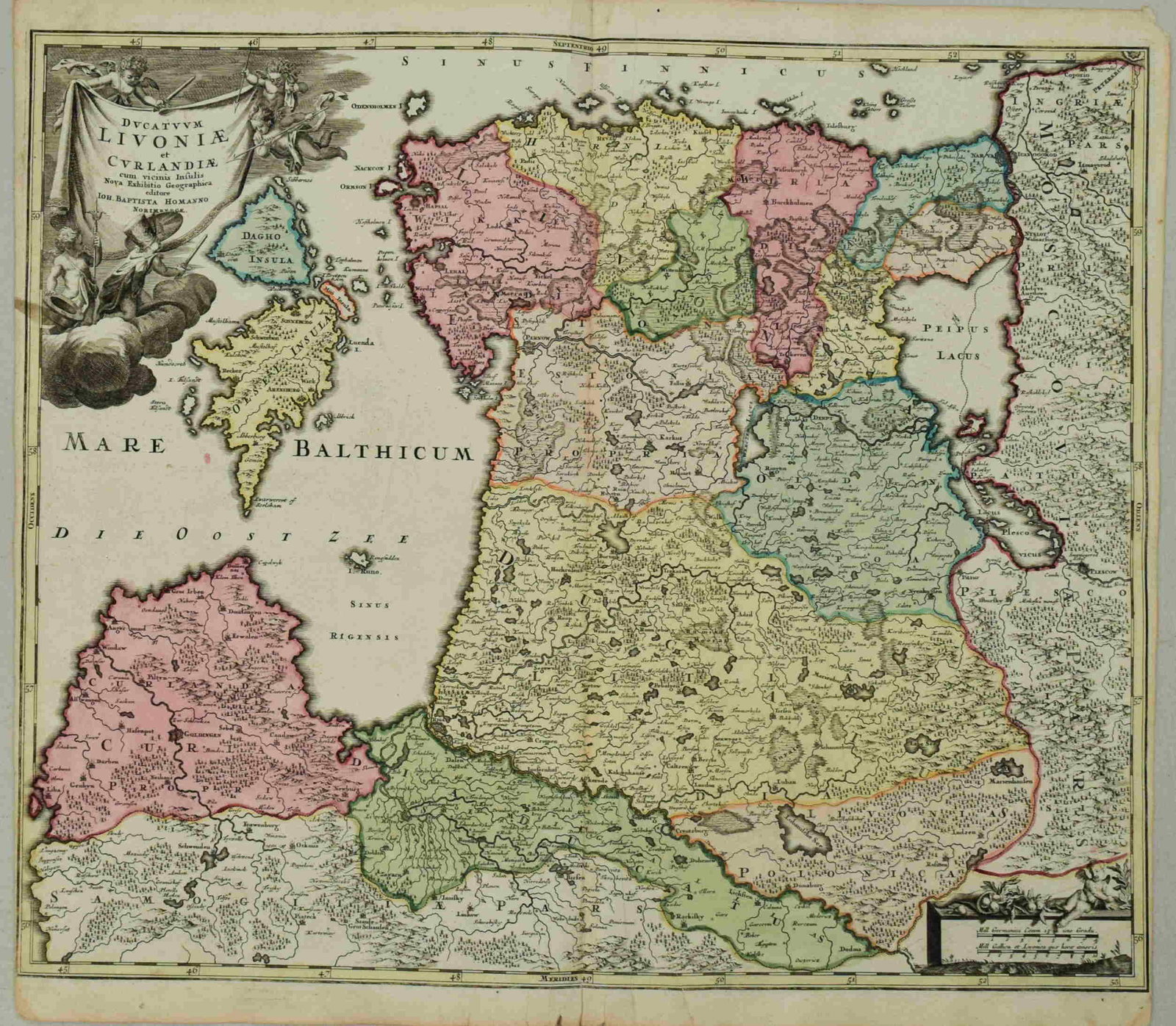 1720 c. Homann Map of Latvia and Estonia -- Ducatuum: Title/Content of Map: 1720 c. Homann Map of Latvia and Estonia -- Ducatuum Livoniae et Curlandiae cum vicinis Insulis Nova Exhibitio Geographica Cartographer: J Homann Year/Place: 1720 c., Nurnberg Si