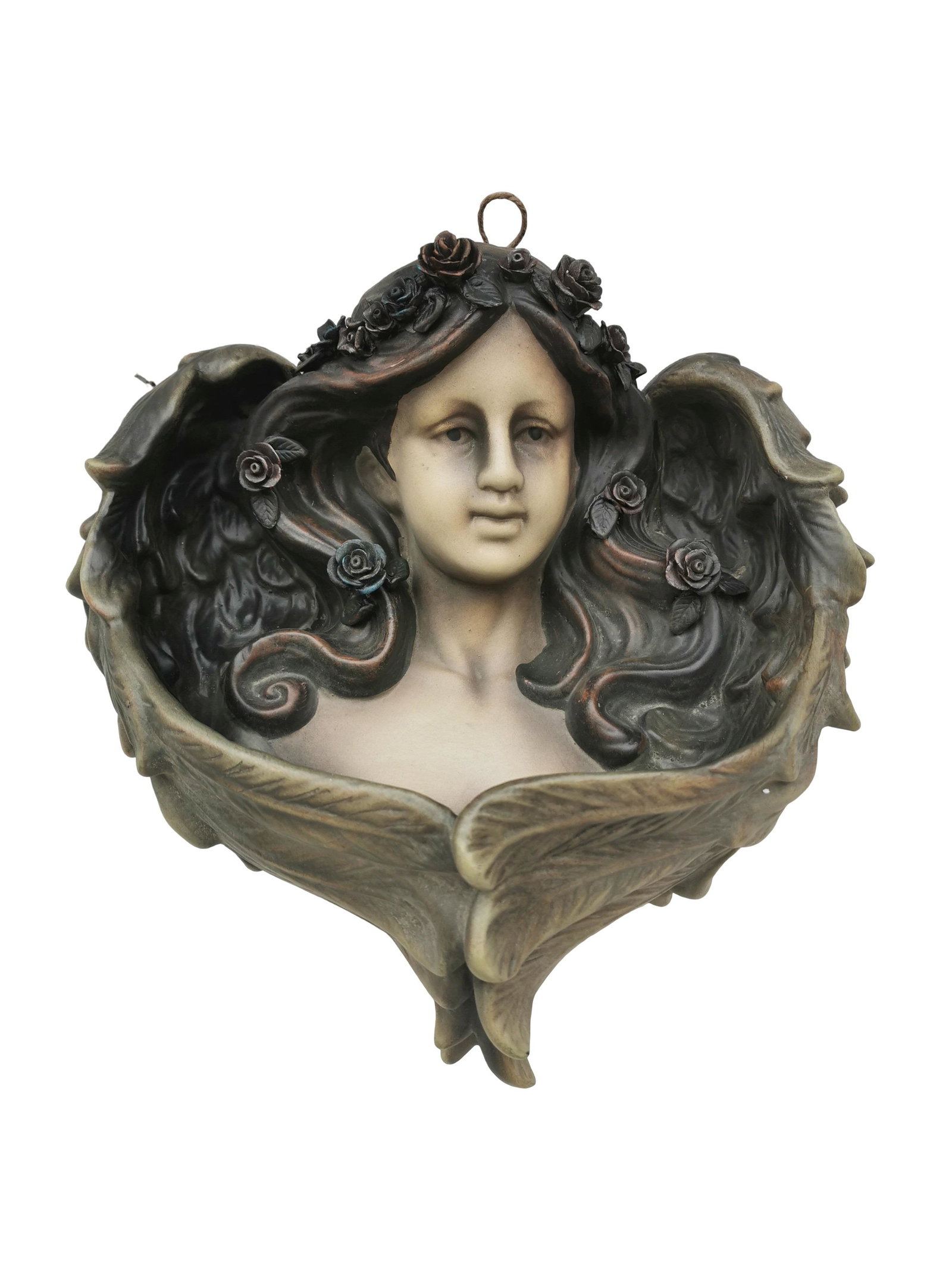 A beautiful earthenware wall braquet - Victorian Angel: Title: A beautiful earthenware wall braquet - Victorian Angel - Holy water font Maker: Unknown Origin: France Date.Period: 20th century Material: Earthenware Size: Height: 32 cm / 12.8 inchesWidth: 28