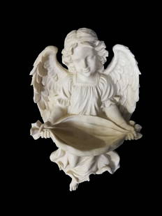 Beautiful porcelain holy water font: Title: Beautiful porcelain holy water fontMaker: unknownOrigin: BelgiumDate/Period: Late 20th centuryMaterials:PolystoneDimensions:Height: 62 cm! / 24.8 inchWidth: 35 cm! / 14 inchDescription:An