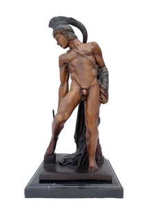 Bronze sculpture of Achilles: Title: Bronze sculpture of AchillesMaker: UnknownOrigin: SpainDate/Period: 1980'sMaterials:Bronze MarbleDimensions:Height: 42 cm / 16.8 inchWidth: 19 cm / 7.8 inchDescription:A beautiful sculpture by