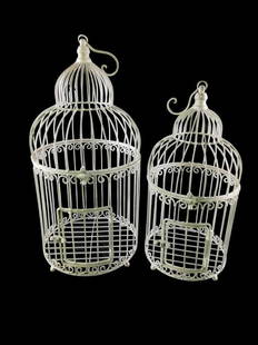 A set of 2 bird cages - decorative in garden or inside: Title: A set of 2 bird cages - decorative in garden or insideMaker: UnknownOrigin: BelgiumDate/Period: 1990Materials:Wrought ironDimensions:Small cage: Width: 23 cm Height: 56 cm Large cage: Width: