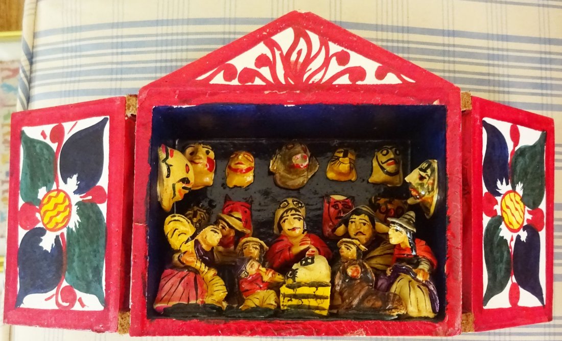 Retablo 3D Busy Mask Makers ~ Peru ~ Signed: Title: Retablo 3D Busy Mask Makers ~ Peru ~ Signed Dimensions: 5-1/4 x 5-1/4 x 2-1/4 inches Provenance/Additional Info: A charming little 'story box' all hand-crafted in Peru Reserve: $24.00 Shipping:
